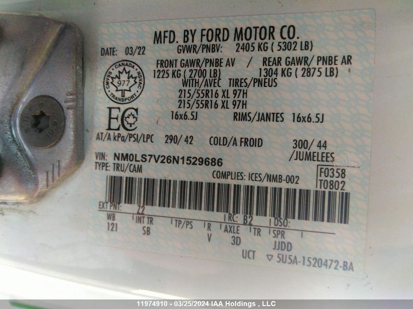 2022 Ford Transit Connect Xl VIN: NM0LS7V26N1529686 Lot: 11974910