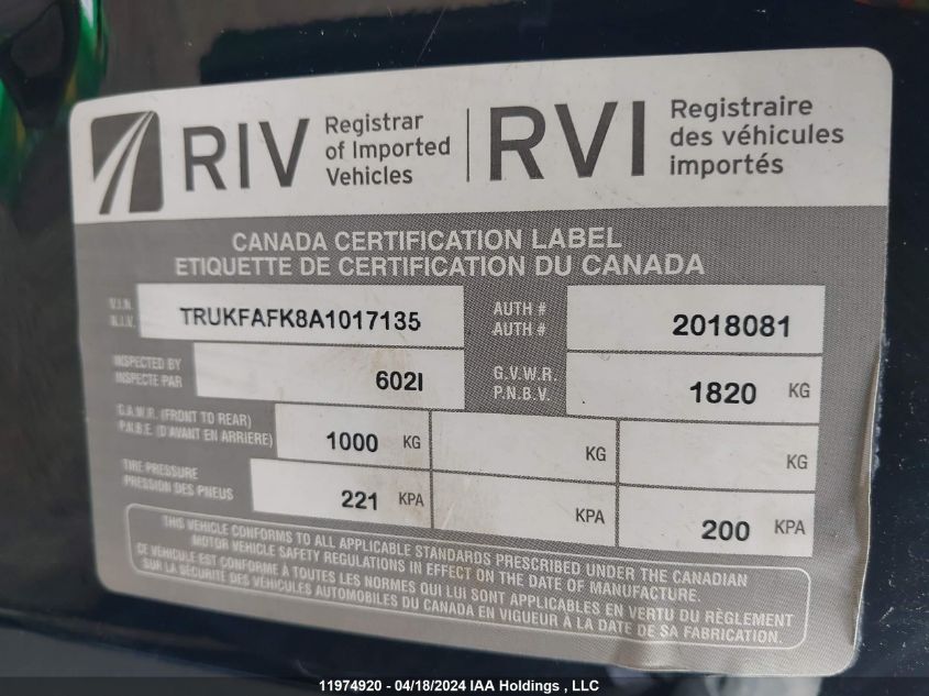 2010 Audi Tt 2.0T Premium VIN: TRUKFAFK8A1017135 Lot: 11974920