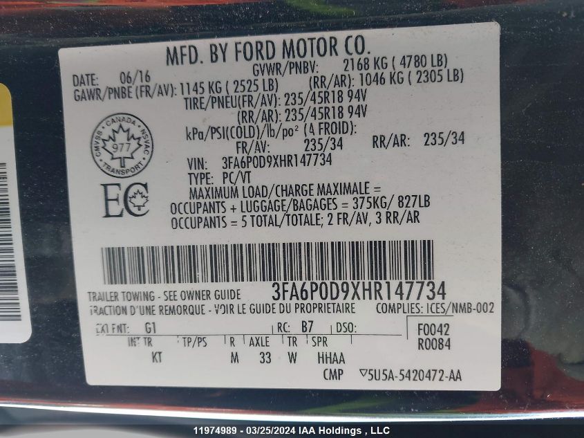 2017 Ford Fusion Titanium VIN: 3FA6P0D9XHR147734 Lot: 11974989