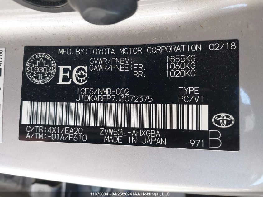 2018 Toyota Prius Prime VIN: JTDKARFP7J3072375 Lot: 11975034