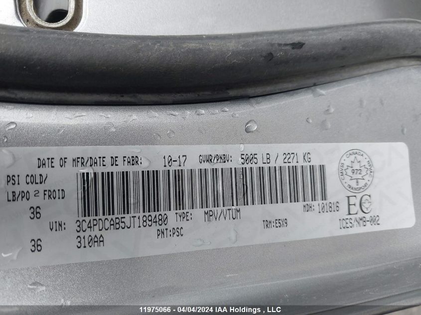 2018 Dodge Journey Se VIN: 3C4PDCAB5JT189480 Lot: 11975066