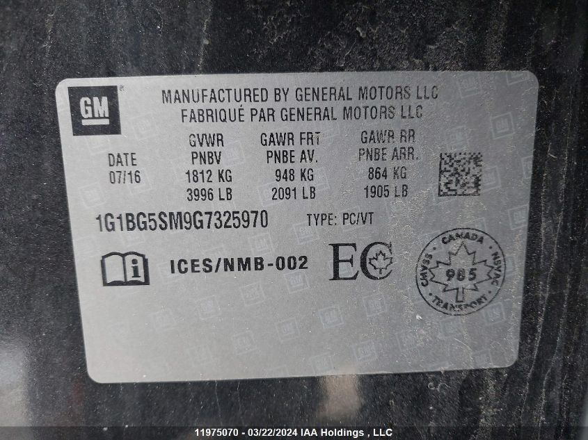 2016 Chevrolet Cruze Premier VIN: 1G1BG5SM9G7325970 Lot: 11975070
