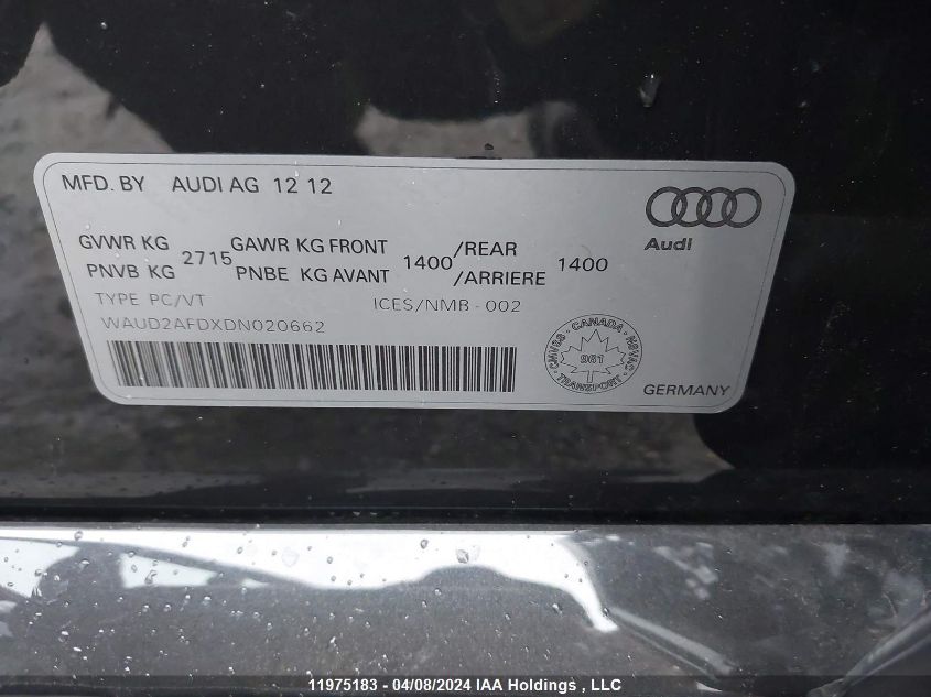 2013 Audi S8 VIN: WAUD2AFDXDN020662 Lot: 11975183