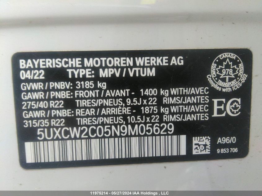 2022 BMW X7 xDrive40I VIN: 5UXCW2C05N9M05629 Lot: 11975214