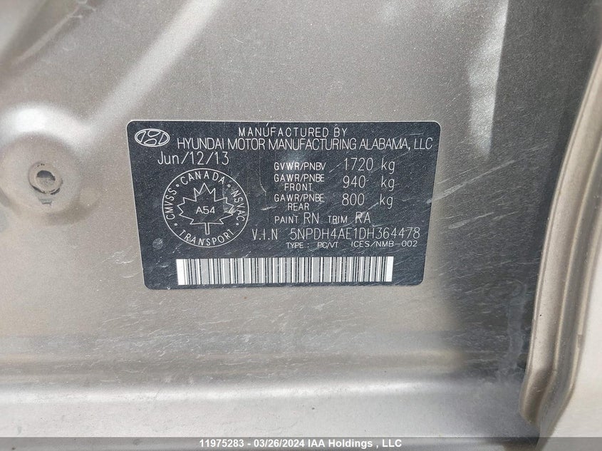 2013 Hyundai Elantra Gls/Limited VIN: 5NPDH4AE1DH364478 Lot: 11975283