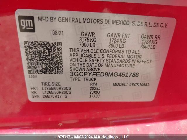 2021 Chevrolet Silverado K1500 Lt Trail Boss VIN: 3GCPYFED9MG451788 Lot: 11975317