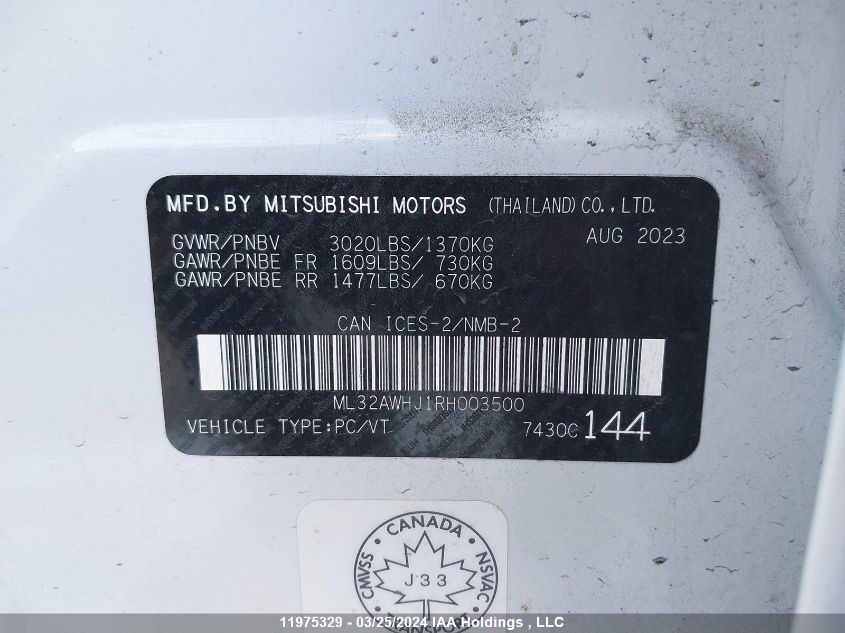 2024 Mitsubishi Mirage VIN: ML32AWHJ1RH003500 Lot: 11975329