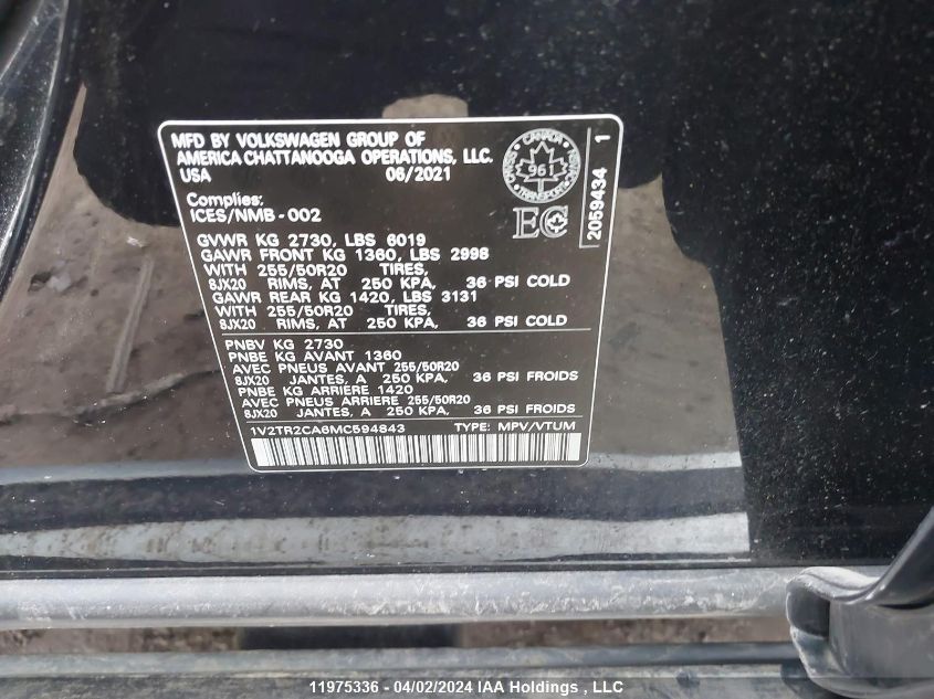 2021 Volkswagen Atlas Sel Premium VIN: 1V2TR2CA6MC594843 Lot: 11975336