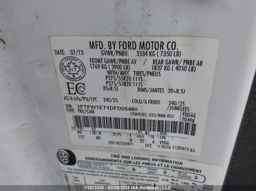 2013 Ford F-150 VIN: 1FTFW1ET1DFD05480 Lot: 11975358