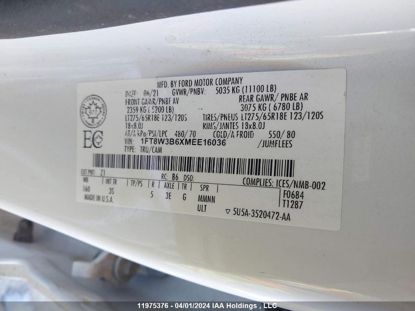 2021 Ford F350 VIN: 1FT8W3B6XMEE16036 Lot: 11975376