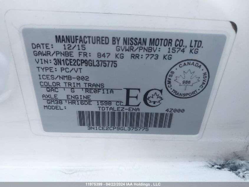 2016 Nissan Versa Note S/S Plus/Sv/Sl/Sr VIN: 3N1CE2CP9GL375775 Lot: 11975399