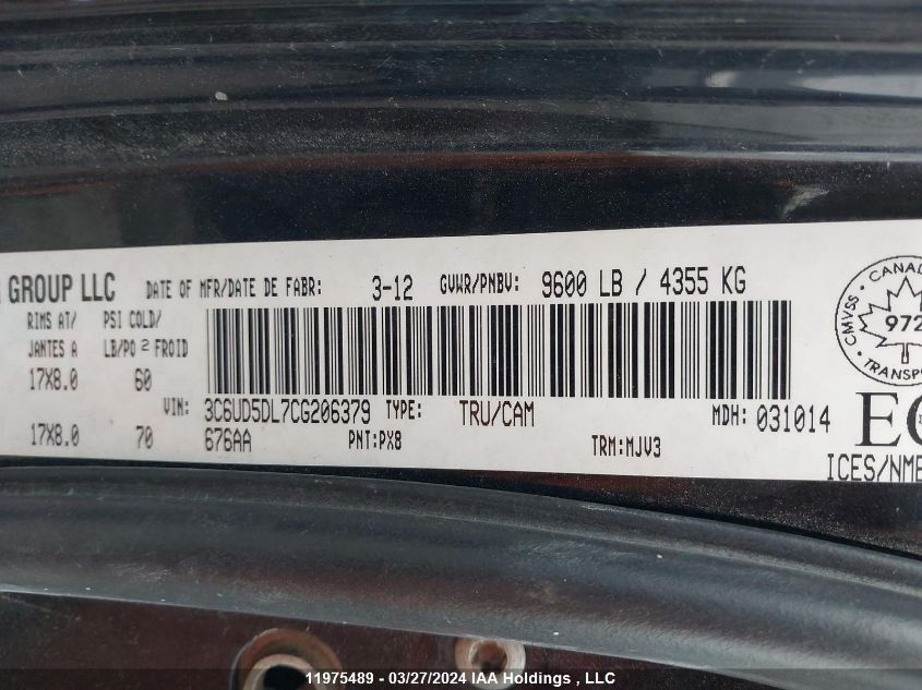 2012 Dodge Ram 2500 Slt VIN: 3C6UD5DL7CG206379 Lot: 11975489