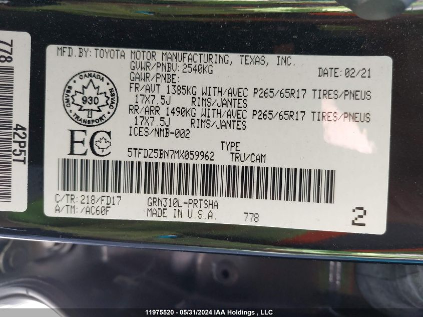 2021 Toyota Tacoma Double Cab/Sr5/Trd Sport/Trd Off Road VIN: 5TFDZ5BN7MX059962 Lot: 11975520