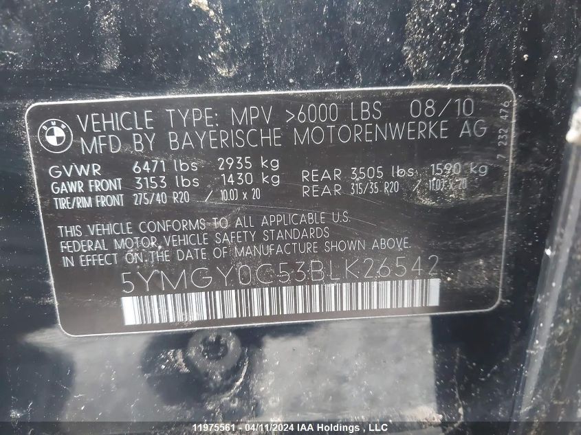 2011 BMW X5 M VIN: 5YMGY0C53BLK26542 Lot: 11975561