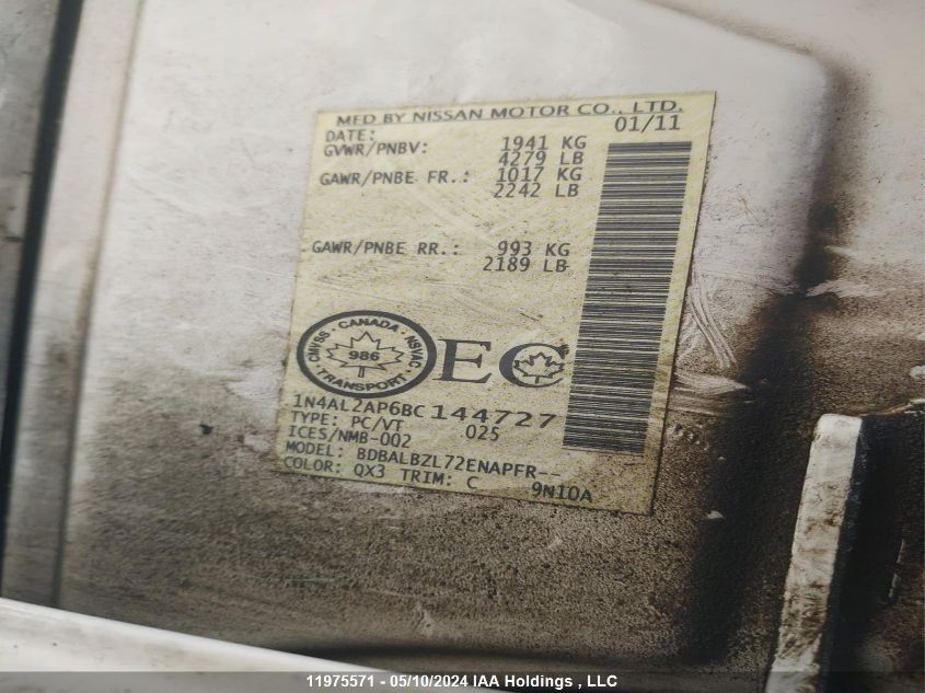 2011 Nissan Altima S VIN: 1N4AL2AP6BC144727 Lot: 11975571