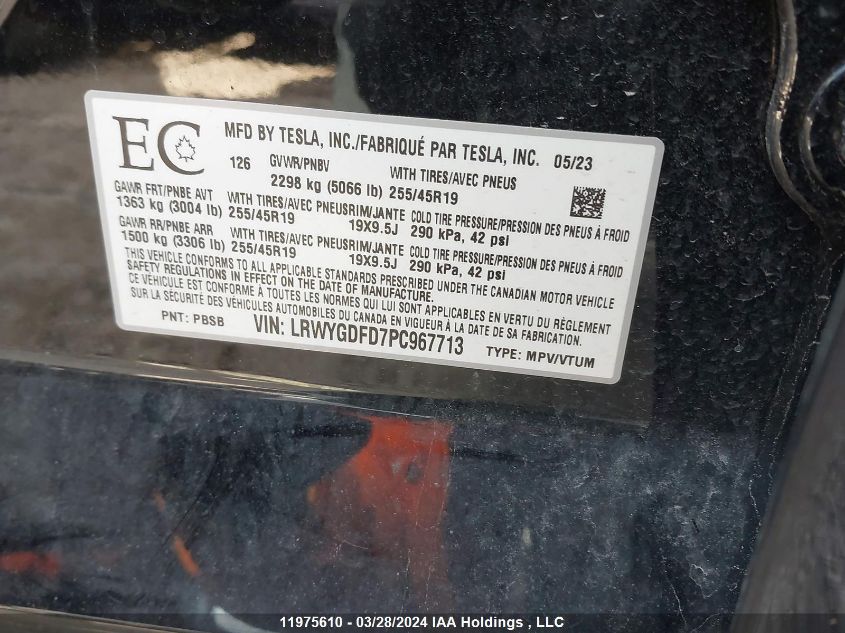 2023 Tesla Model Y VIN: LRWYGDFD7PC967713 Lot: 11975610