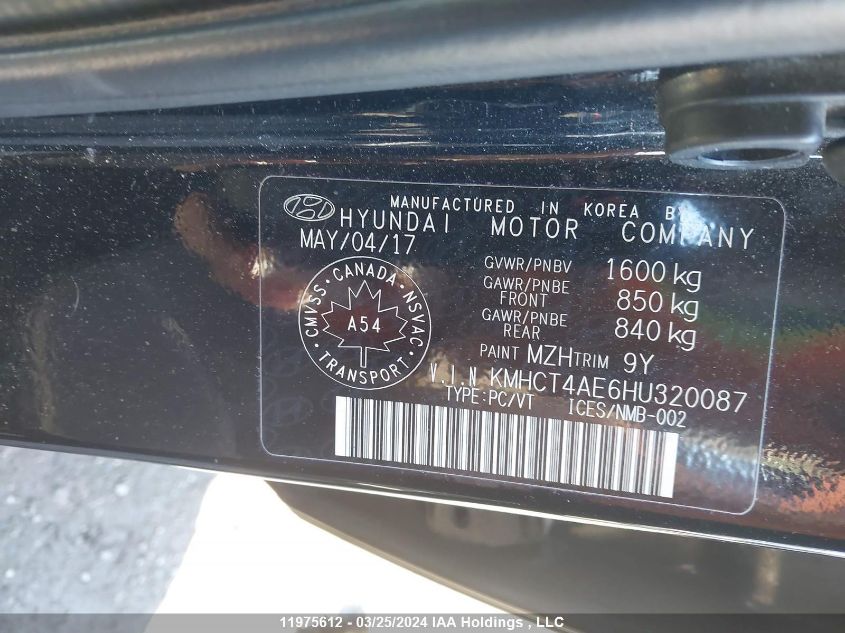 2017 Hyundai Accent Se VIN: KMHCT4AE6HU320087 Lot: 11975612