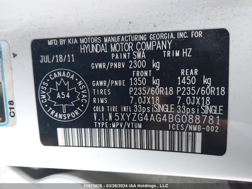 2011 Hyundai Santa Fe Gls VIN: 5XYZG4AG4BG088781 Lot: 39240688