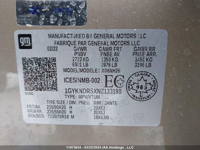 2022 Cadillac Xt5 VIN: 1GYKNDRSXNZ133190 Lot: 11975634