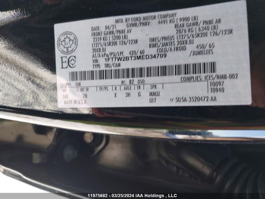 2021 Ford F-250 Platinum VIN: 1FT7W2BT3MED34709 Lot: 11975682