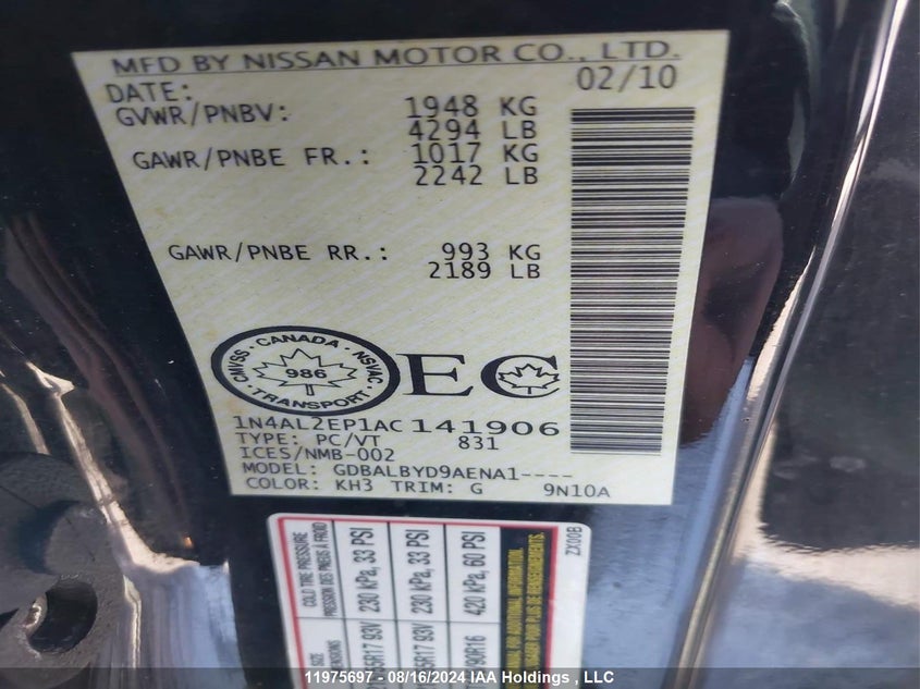 2010 Nissan Altima VIN: 1N4AL2EP1AC141906 Lot: 11975697