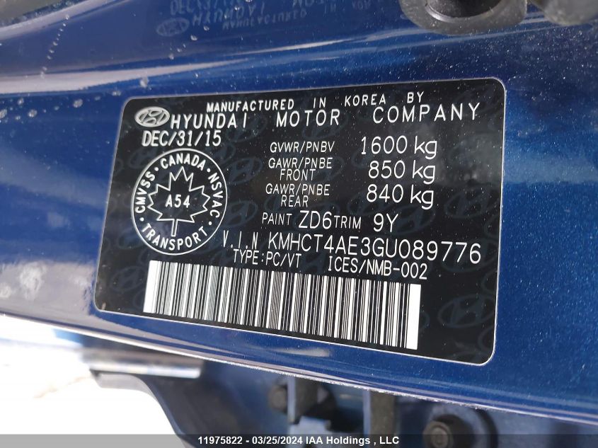 2016 Hyundai Accent Se VIN: KMHCT4AE3GU089776 Lot: 11975822