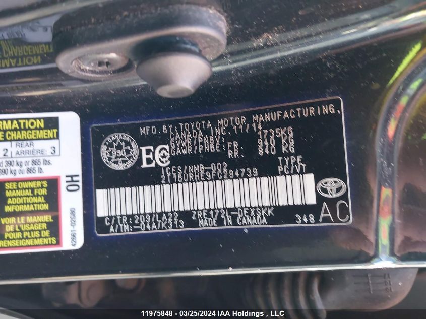 2015 Toyota Corolla L/Le/Le Pls/Prm/S/S Pls VIN: 2T1BURHE9FC294739 Lot: 11975848