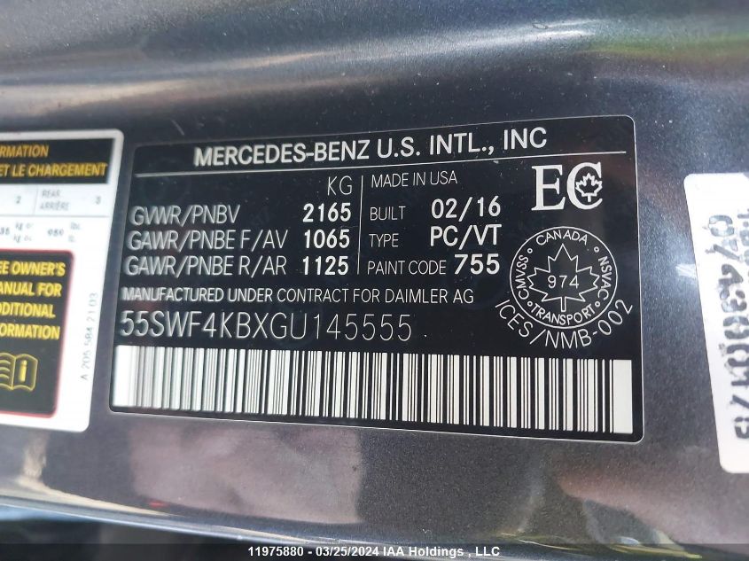 2016 Mercedes-Benz C 300 4Matic VIN: 55SWF4KBXGU145555 Lot: 11975880