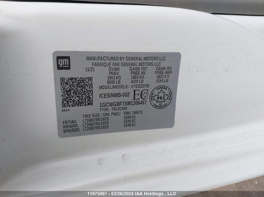 2021 Chevrolet Express Cargo Van VIN: 1GCWGBF7XM1306497 Lot: 11975897