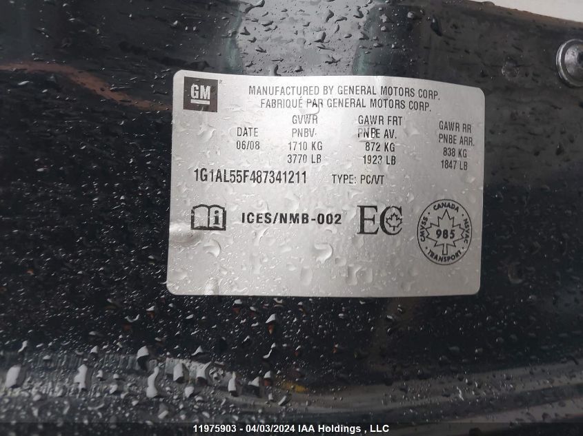 2008 Chevrolet Cobalt VIN: 1G1AL55F487341211 Lot: 11975903