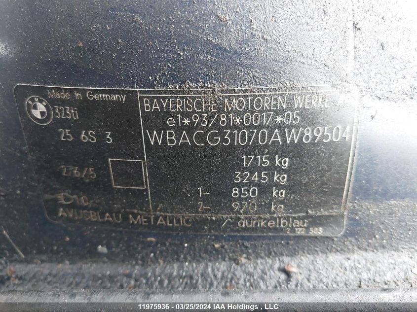 1998 BMW 3 Series VIN: WBACG31070AW89504 Lot: 11975936