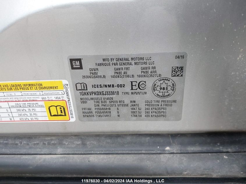 2016 GMC Acadia Sle VIN: 1GKKVPKDXGJ333818 Lot: 39241324