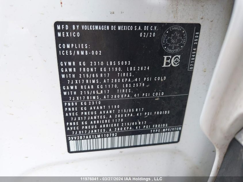 2020 Volkswagen Tiguan Se/Sel VIN: 3VV2B7AX1LM110792 Lot: 11976041