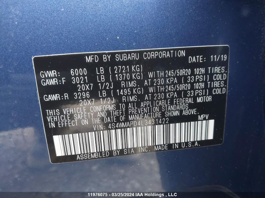 2020 Subaru Ascent Limited VIN: 4S4WMAPD4L3431422 Lot: 11976075