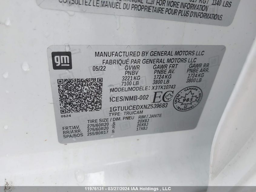 2022 GMC Sierra K1500 Elevation VIN: 1GTUUCEDXNZ539683 Lot: 11976131