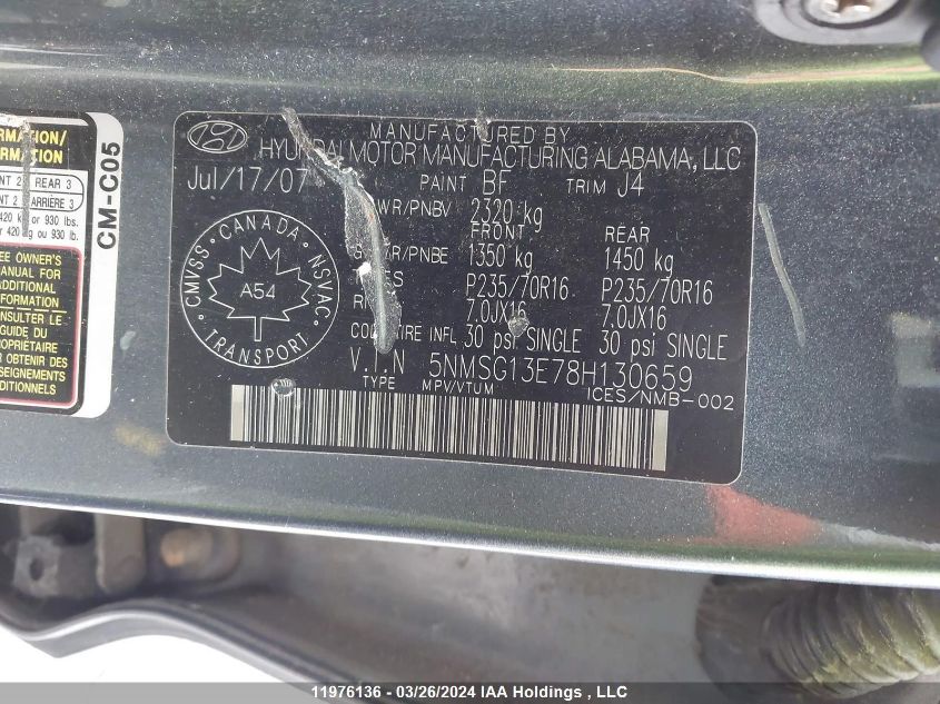 2008 Hyundai Santa Fe VIN: 5NMSG13E78H130659 Lot: 11976136