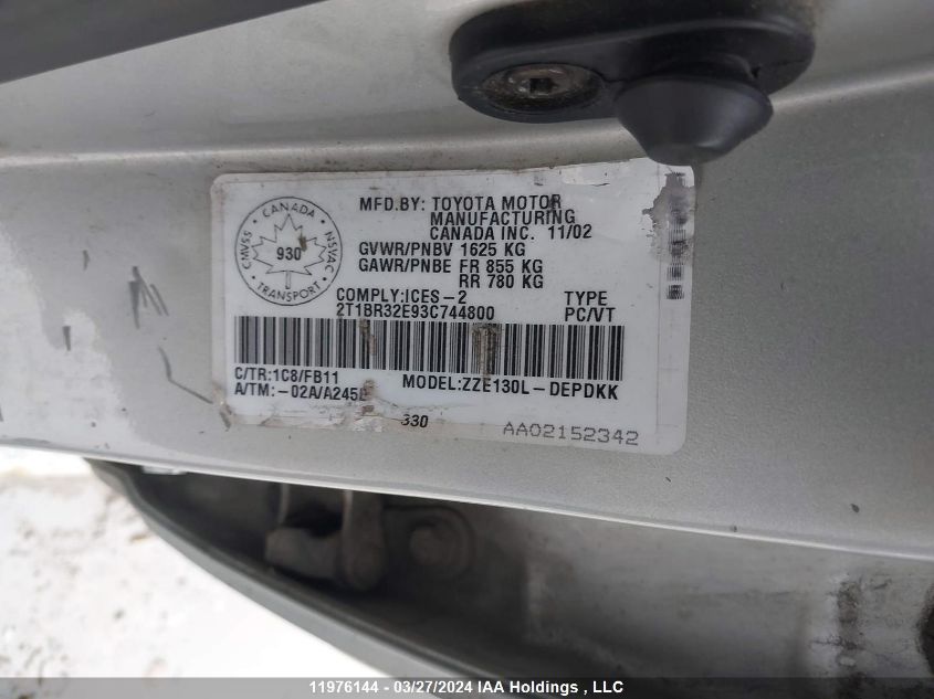 2003 Toyota Corolla Ce/Le/S VIN: 2T1BR32E93C744800 Lot: 11976144