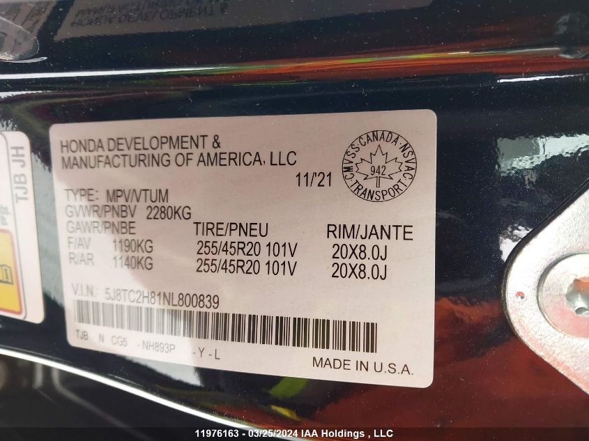 2022 Acura Rdx VIN: 5J8TC2H81NL800839 Lot: 11976163