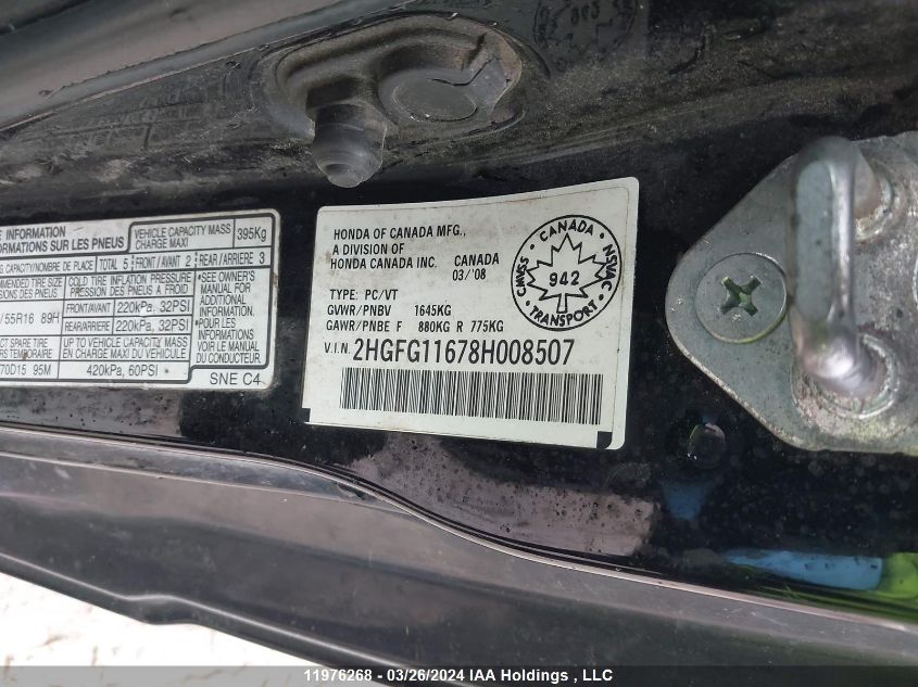 2008 Honda Civic Cpe VIN: 2HGFG11678H008507 Lot: 11976268