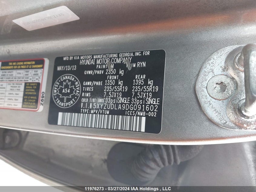 2013 Hyundai Santa Fe Sport 2.0T Se VIN: 5XYZUDLA9DG091602 Lot: 11976273