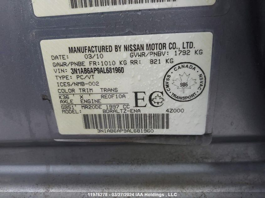 2010 Nissan Sentra 2.0S VIN: 3N1AB6AP9AL681960 Lot: 11976278