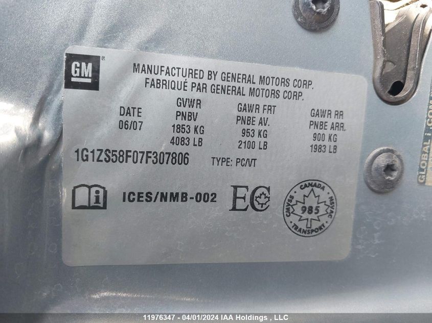 2007 Chevrolet Malibu VIN: 1G1ZS58F07F307806 Lot: 11976347