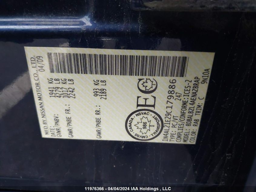 2009 Nissan Altima 2.5/2.5S VIN: 1N4AL21E29C179886 Lot: 11976366