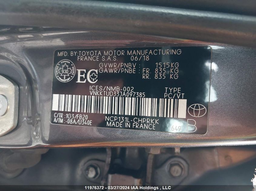 2018 Toyota Yaris VIN: VNKKTUD33JA097385 Lot: 11976372