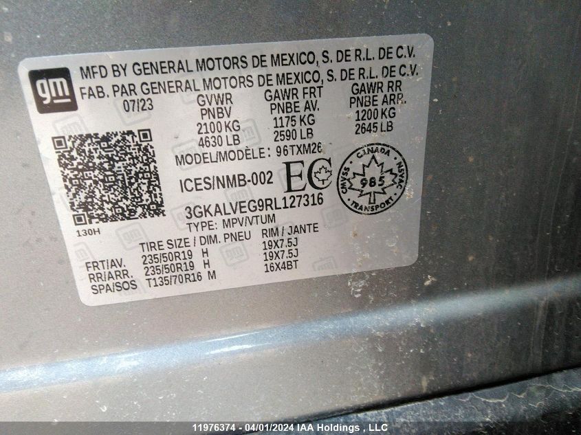 2024 GMC Terrain VIN: 3GKALVEG9RL127316 Lot: 11976374