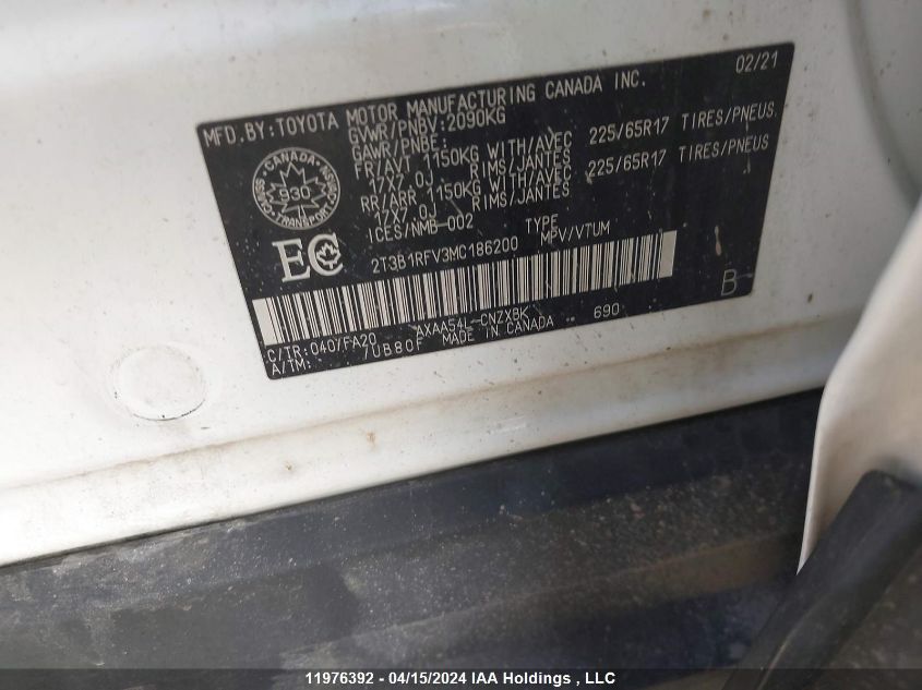 2021 Toyota Rav4 Le VIN: 2T3B1RFV3MC186200 Lot: 39240889