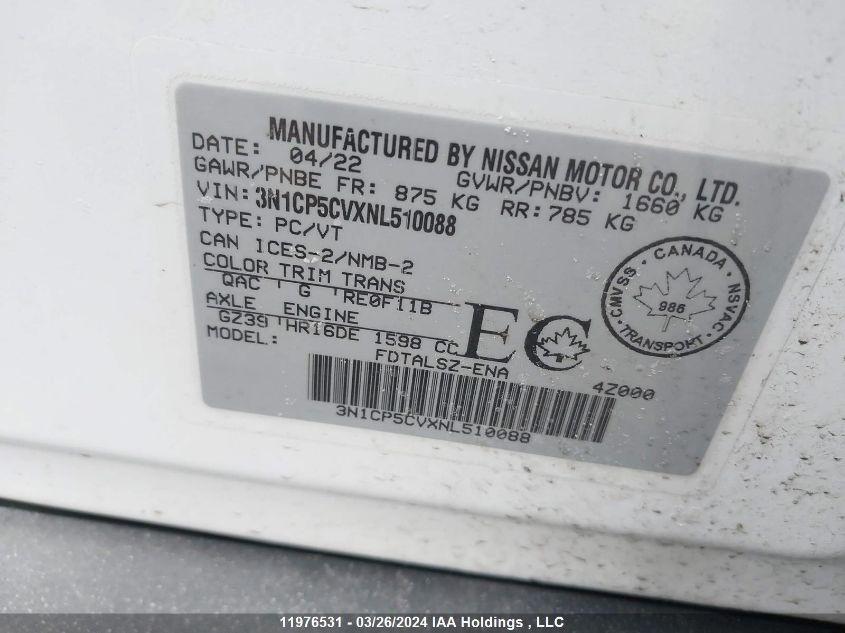 2022 Nissan Kicks VIN: 3N1CP5CVXNL510088 Lot: 11976531