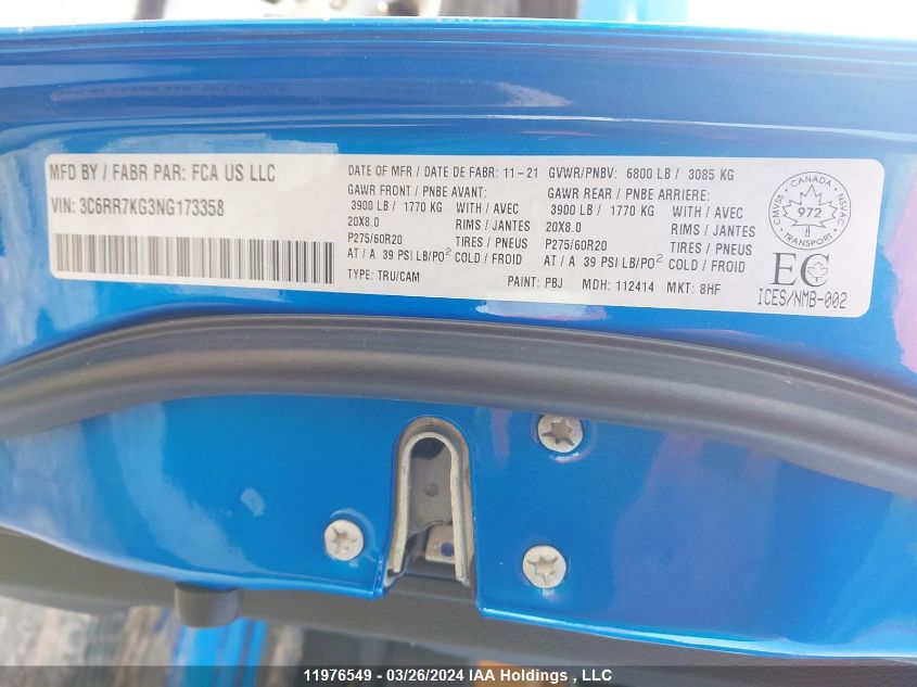 2022 Ram 1500 Classic Tradesman VIN: 3C6RR7KG3NG173358 Lot: 11976549