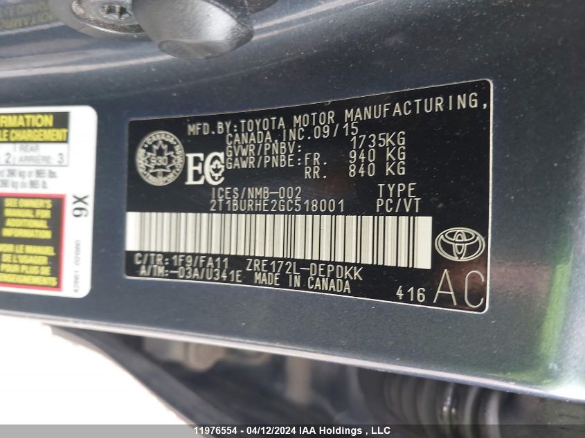 2016 Toyota Corolla VIN: 2T1BURHE2GC518001 Lot: 11976554