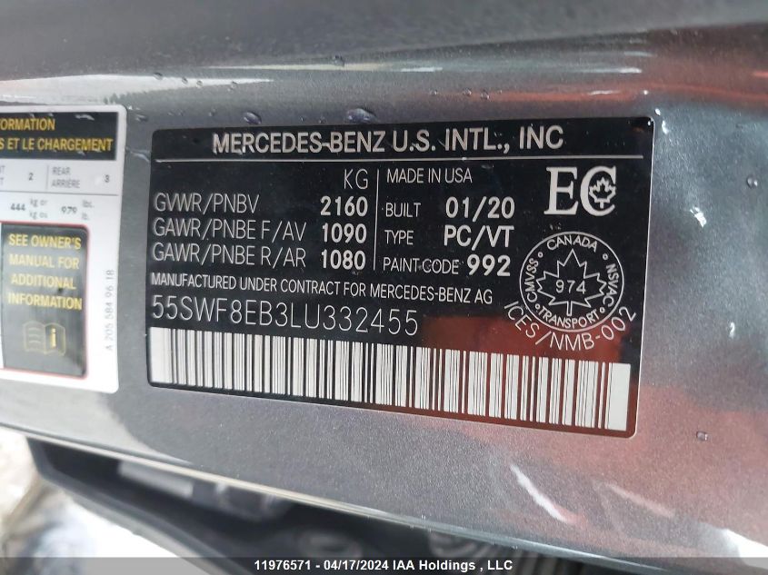 2020 Mercedes-Benz C 300 4Matic VIN: 55SWF8EB3LU332455 Lot: 11976571